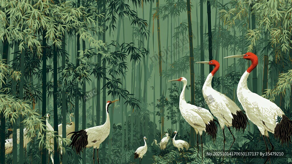 竹林中優(yōu)雅的丹頂鶴群