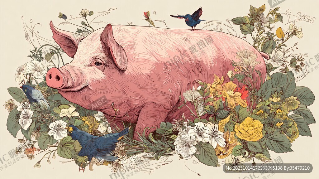 花叢中的粉色小豬與飛鳥