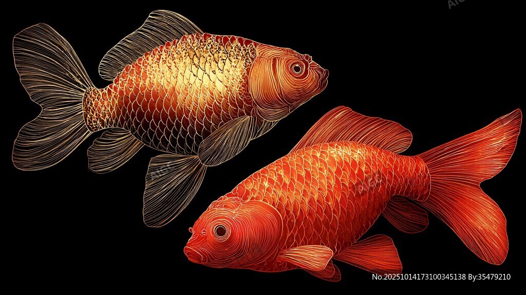 雙金魚圖 紅金交映顯靈動