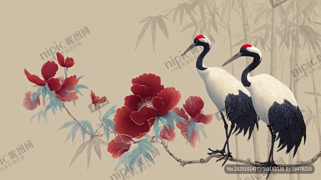 丹頂鶴與牡丹的中式圖景