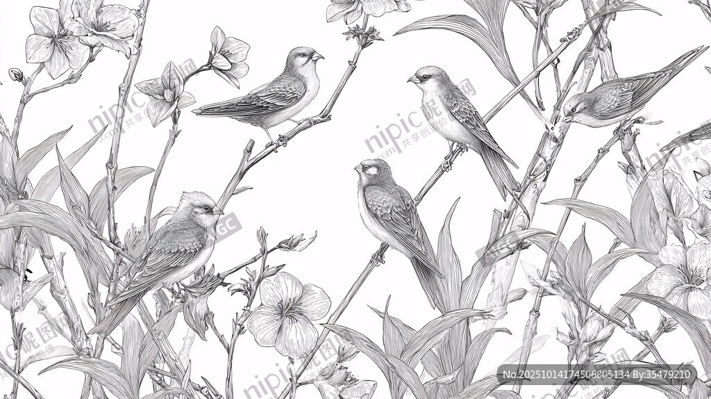 花鳥黑白插畫圖