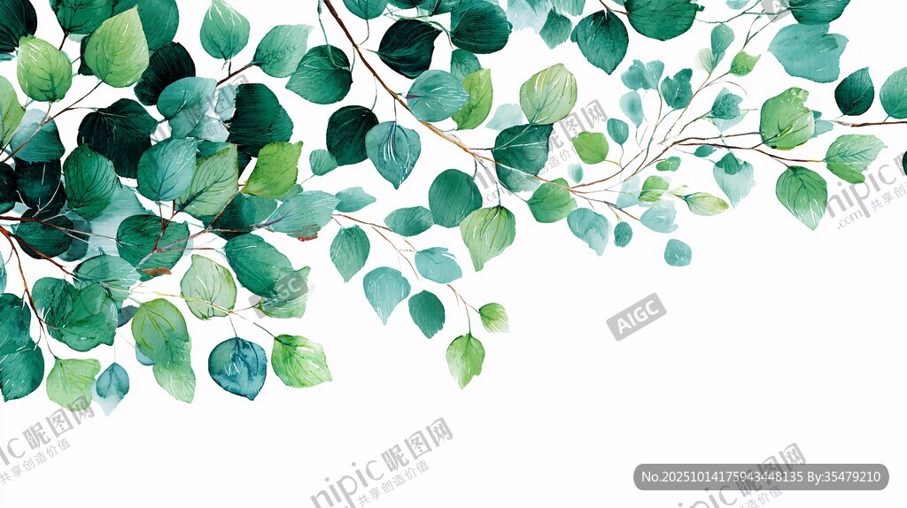 清新綠葉水彩畫裝飾素材