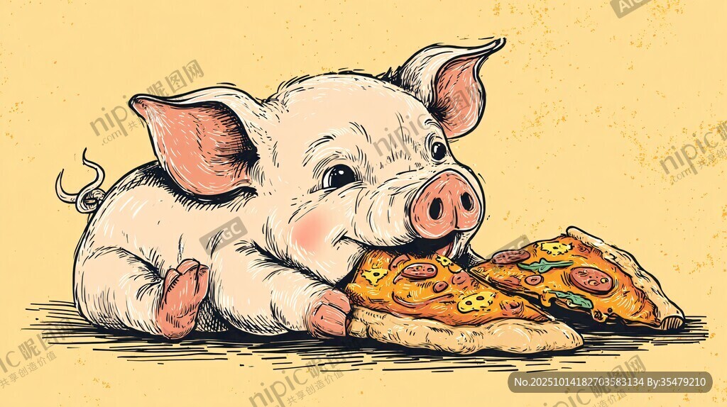 小豬愜意享美味披薩