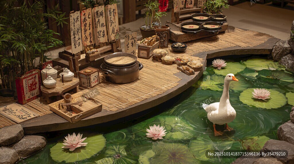 中式庭院荷塘邊的閑適場(chǎng)景