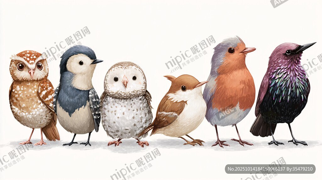 一排可愛(ài)小鳥(niǎo)的插畫(huà)