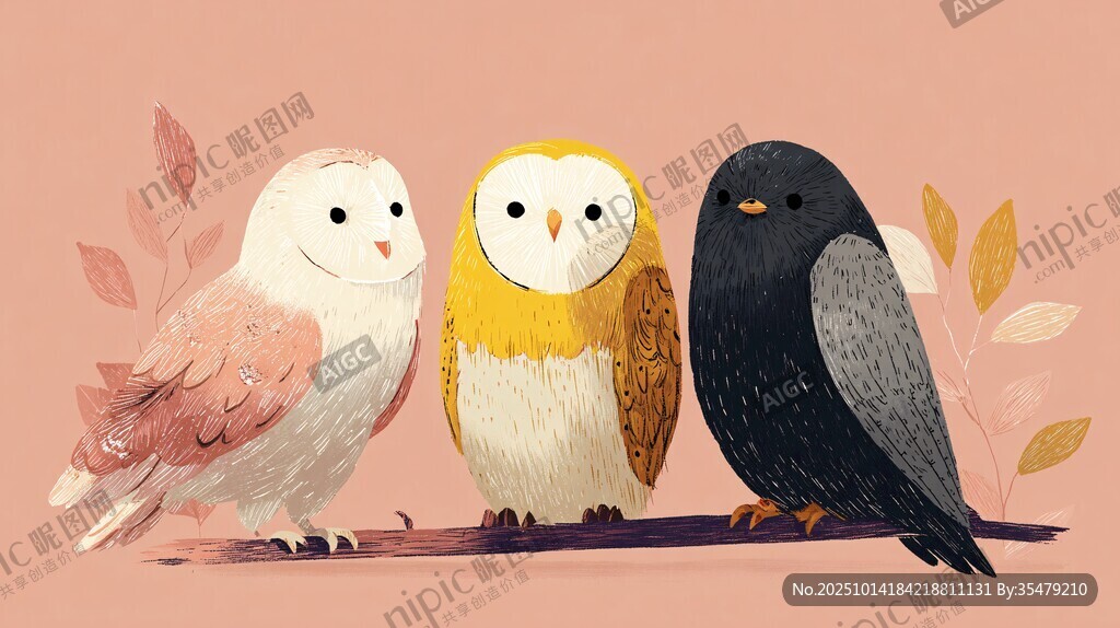 三只可愛貓頭鷹并肩而立