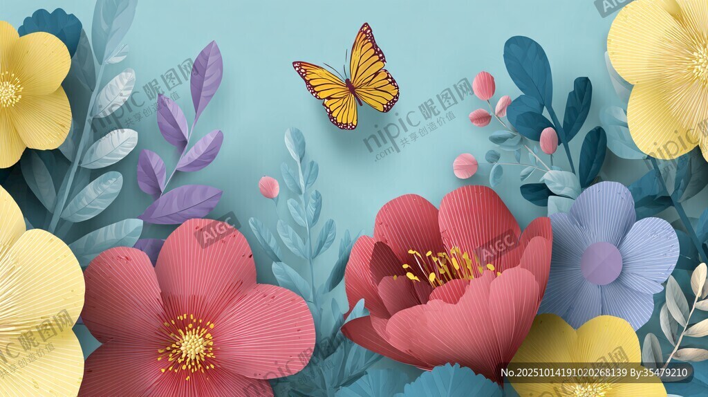 花卉與蝴蝶的夢(mèng)幻插畫