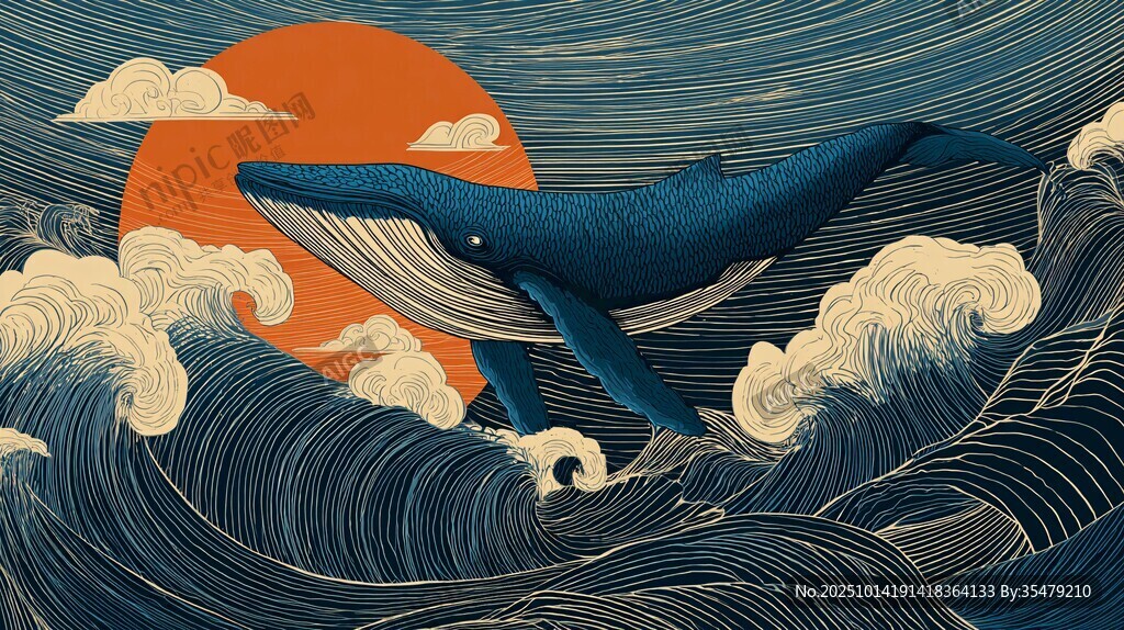 鯨躍碧海伴紅日