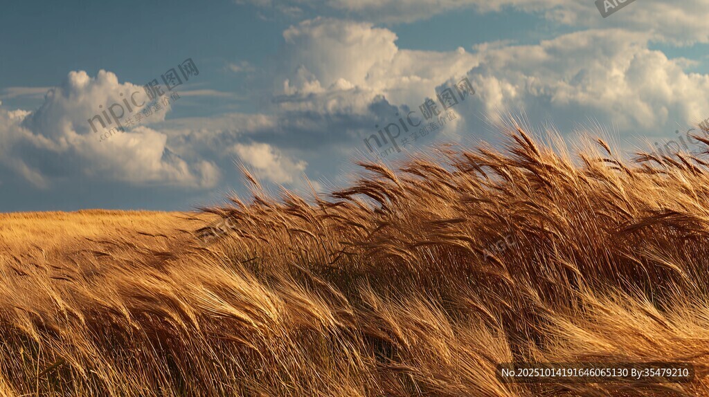 金色麥浪與藍(lán)天白云美景