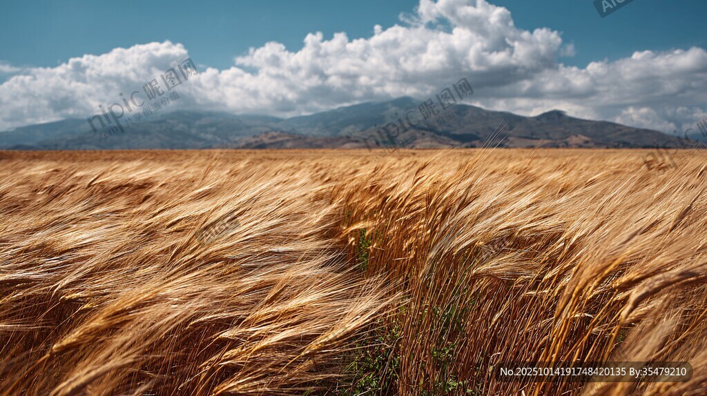 金色麥浪與遠山的壯美風景