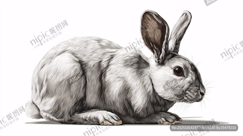 灰白兔子蹲坐姿態(tài)插畫