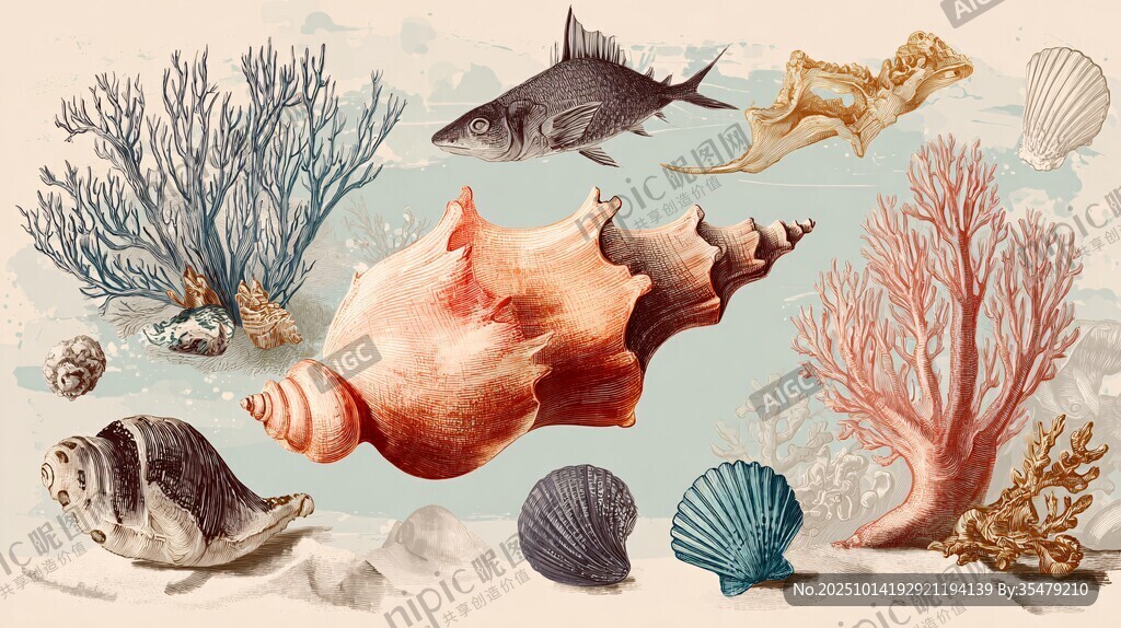 海洋生物與貝殼珊瑚插畫