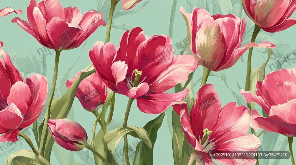 粉色郁金香花卉美麗插畫