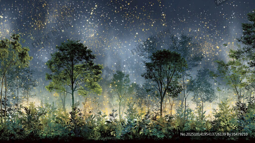 夢幻星空下的靜謐森林