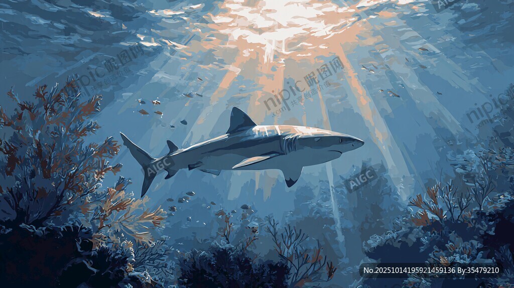 深海中暢游的鯊魚