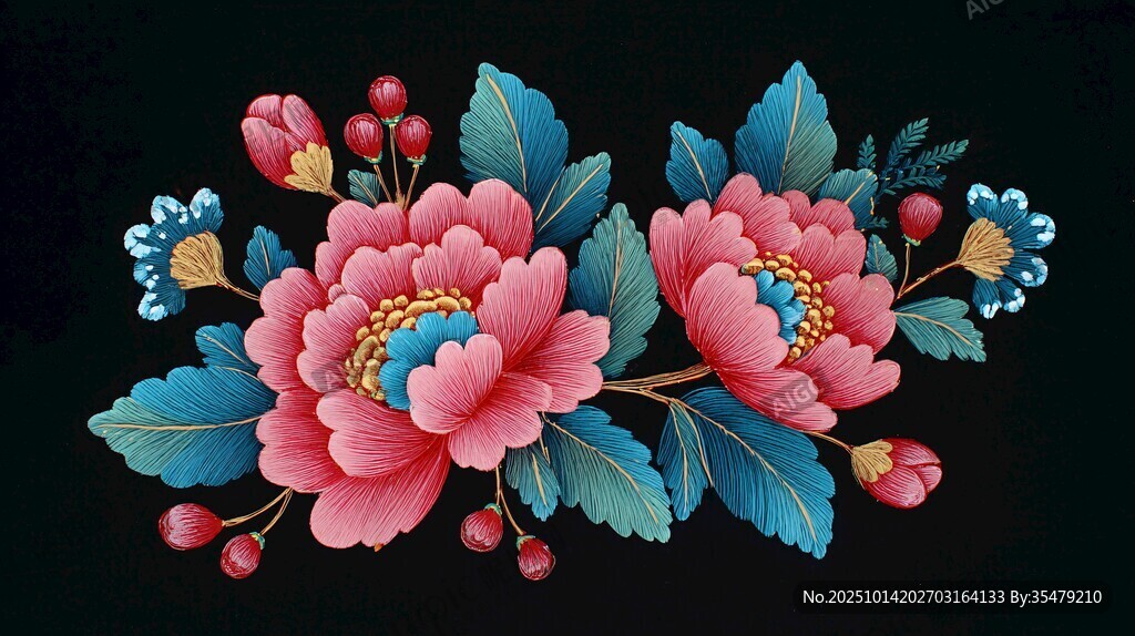 中式刺繡風(fēng)花卉圖案裝飾