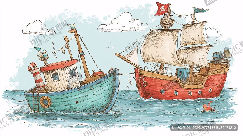 海上雙船 漁船與海盜船