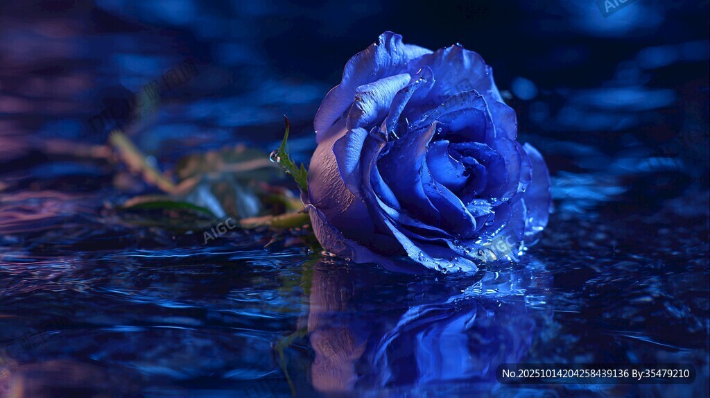 藍(lán)色玫瑰靜置于水洼之上