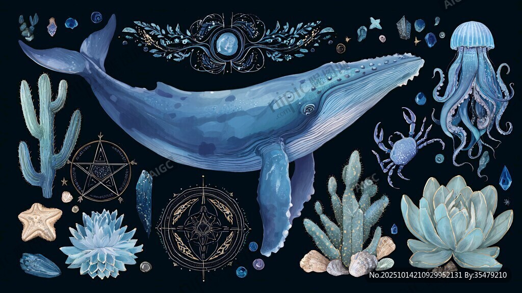 夢幻海洋生物與植物插畫