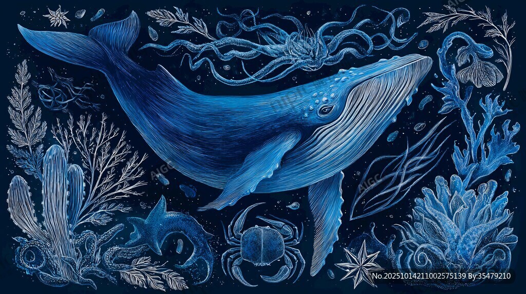 藍(lán)色夢幻海洋鯨魚插畫
