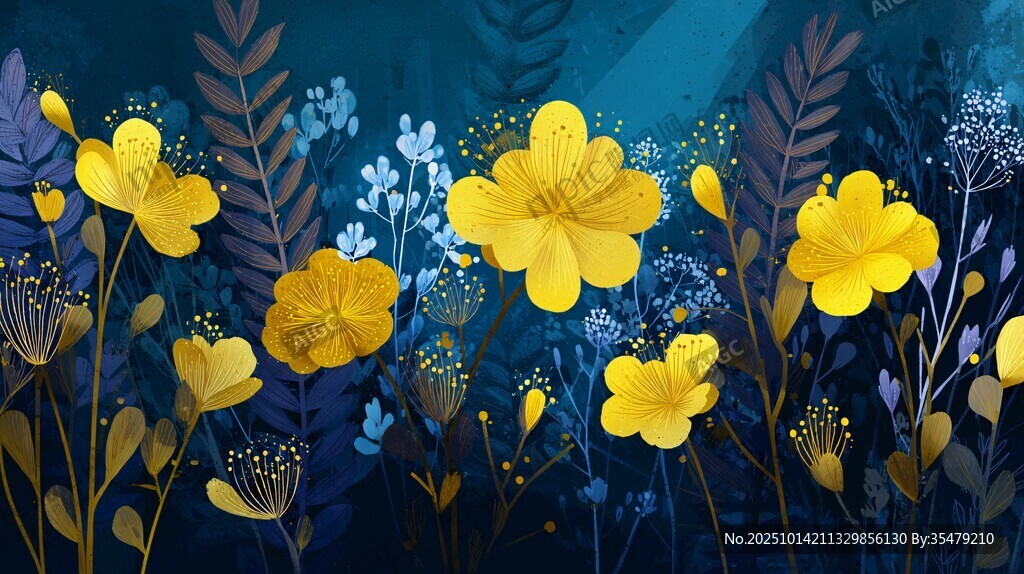 藍(lán)底黃花植物插畫