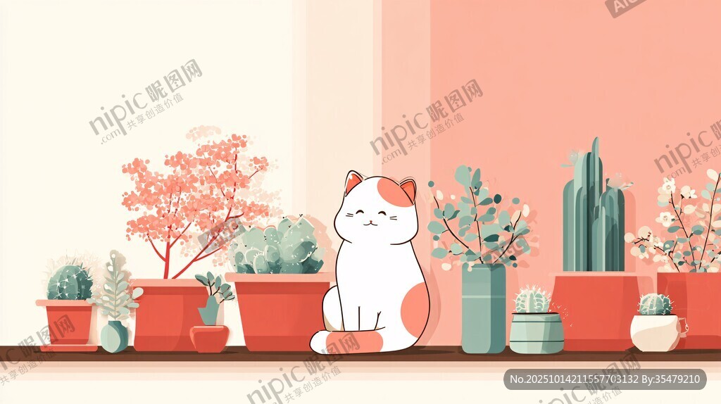 可愛貓咪與多彩盆栽同框
