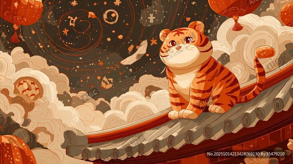 屋頂萌虎迎祥瑞夜空景象