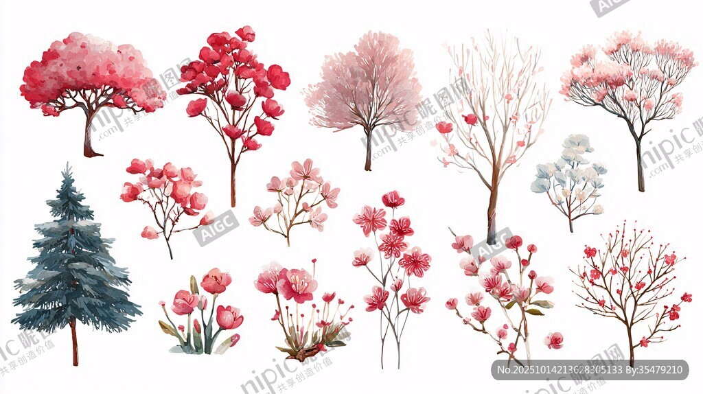 水彩風(fēng)花卉樹木插畫素材
