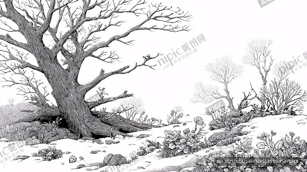 冬日枯樹雪景素描圖