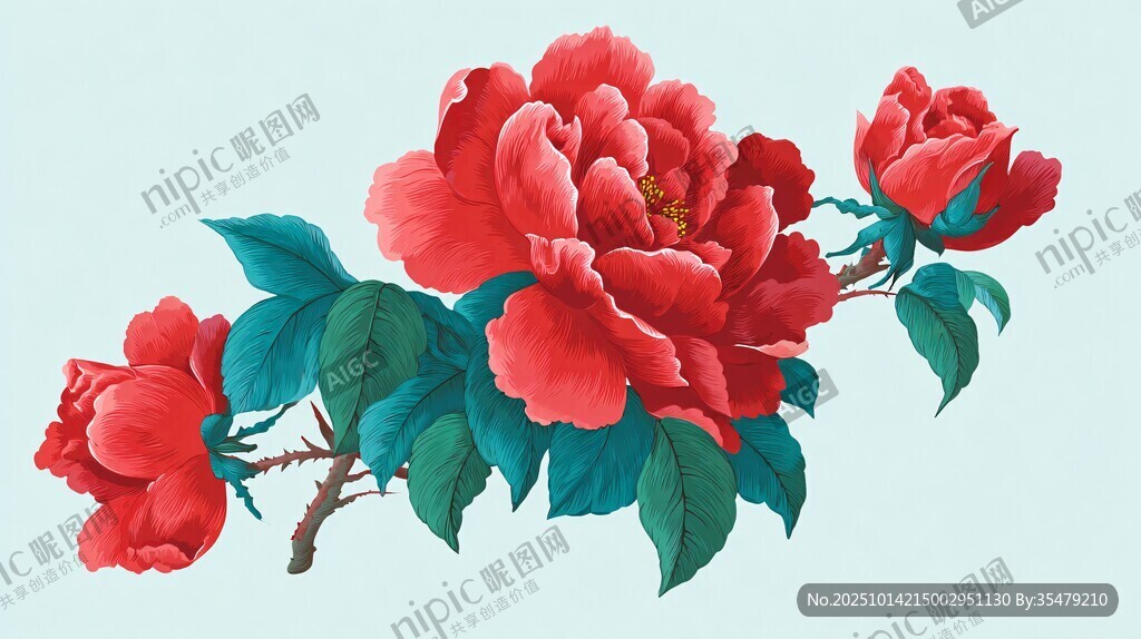 國(guó)畫(huà)牡丹花枝特寫(xiě)