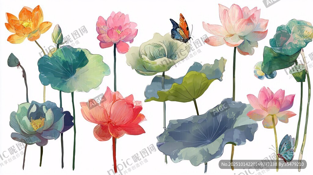 水彩繪多彩荷花與蝴蝶