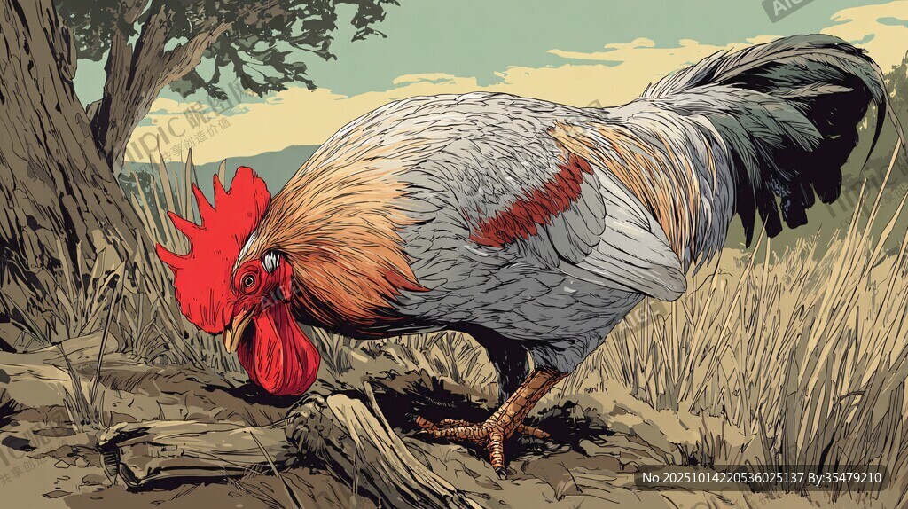 田野中覓食的多彩大公雞