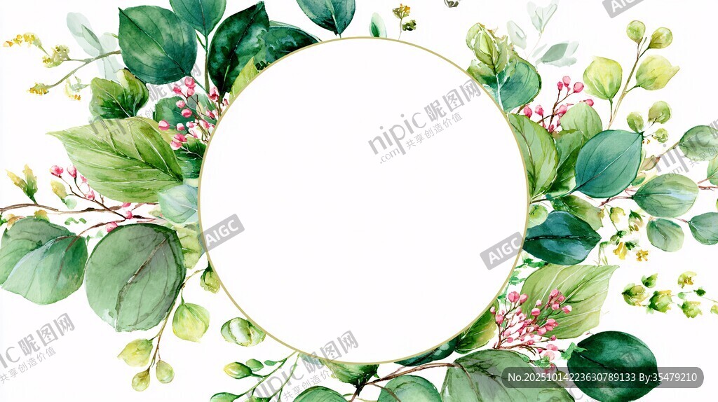 綠葉環(huán)繞的圓形水彩邊框