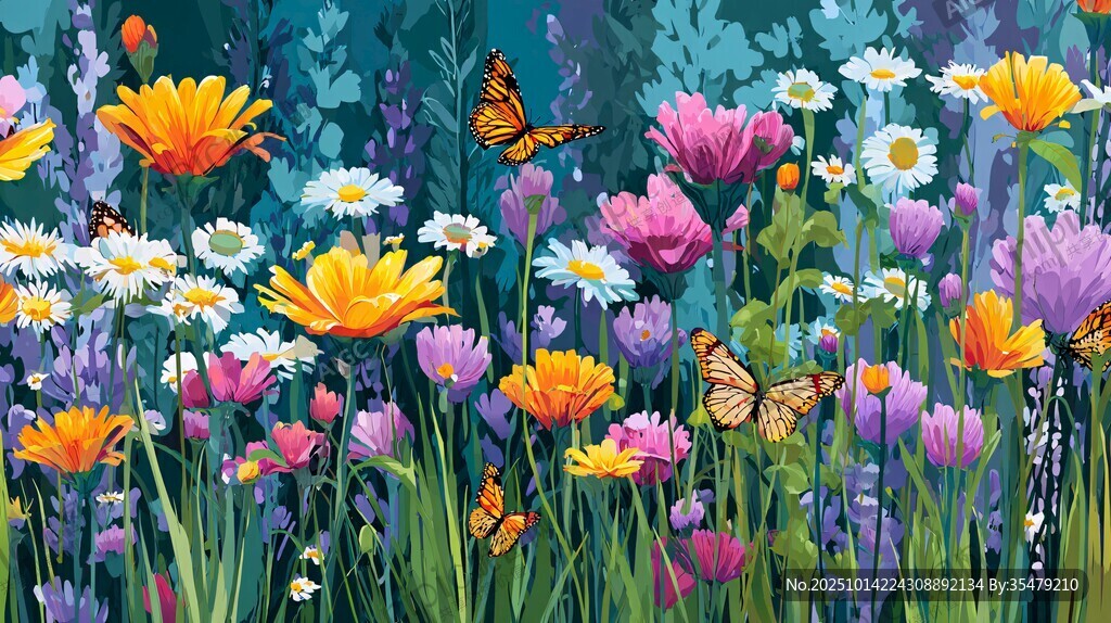 繽紛花海間蝴蝶翩翩飛舞