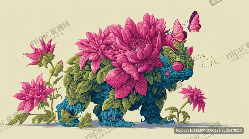 花植恐龍與蝶的奇幻圖景