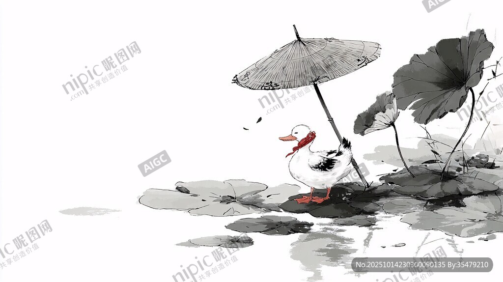 水墨荷間撐傘鴨趣圖