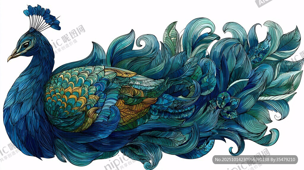 華麗藍孔雀插畫