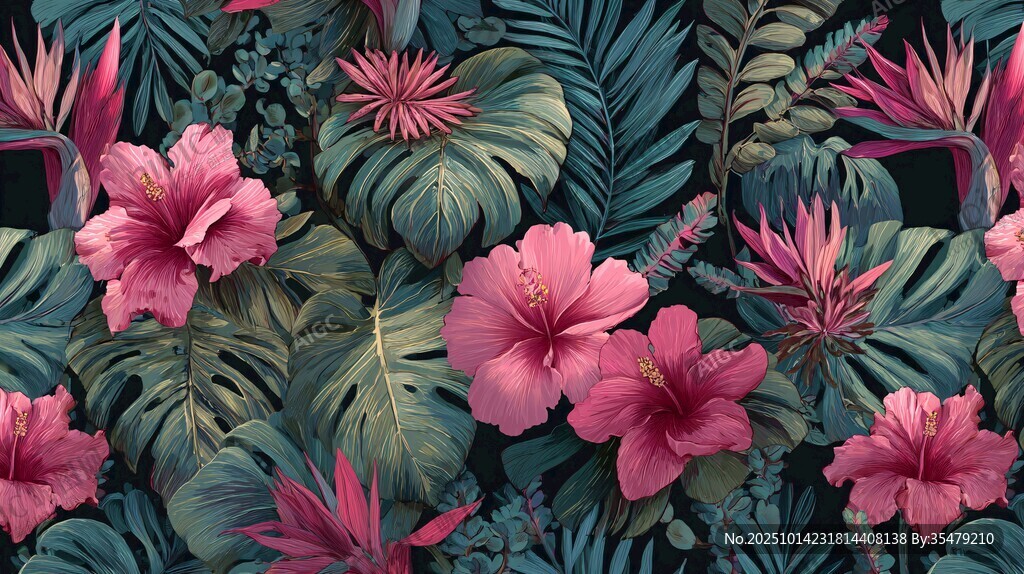 熱帶花卉與綠植圖案背景