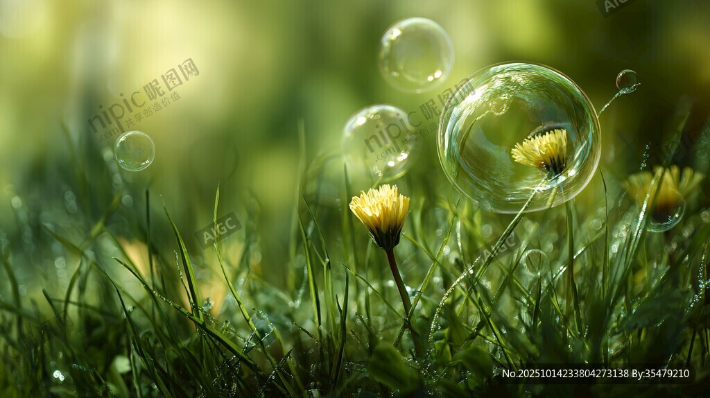 草地上的泡泡與黃色小花