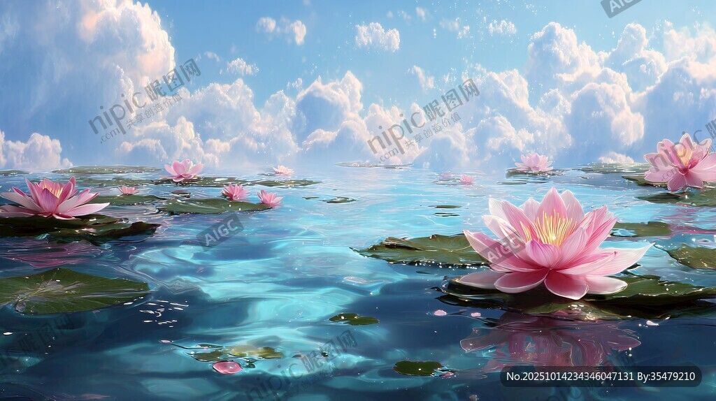 夢幻水蓮漂浮于藍(lán)天碧水間