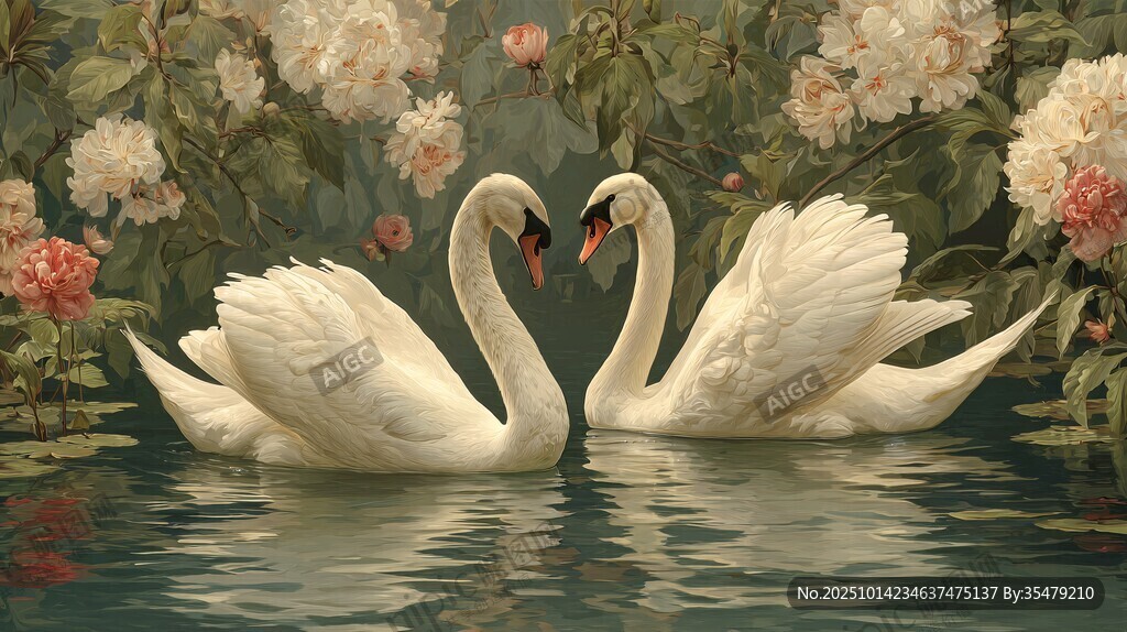 雙天鵝于繁花湖水間相依