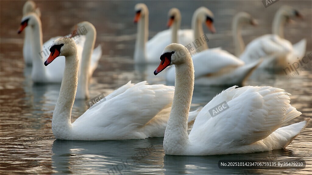 優(yōu)雅天鵝群游于波光水面