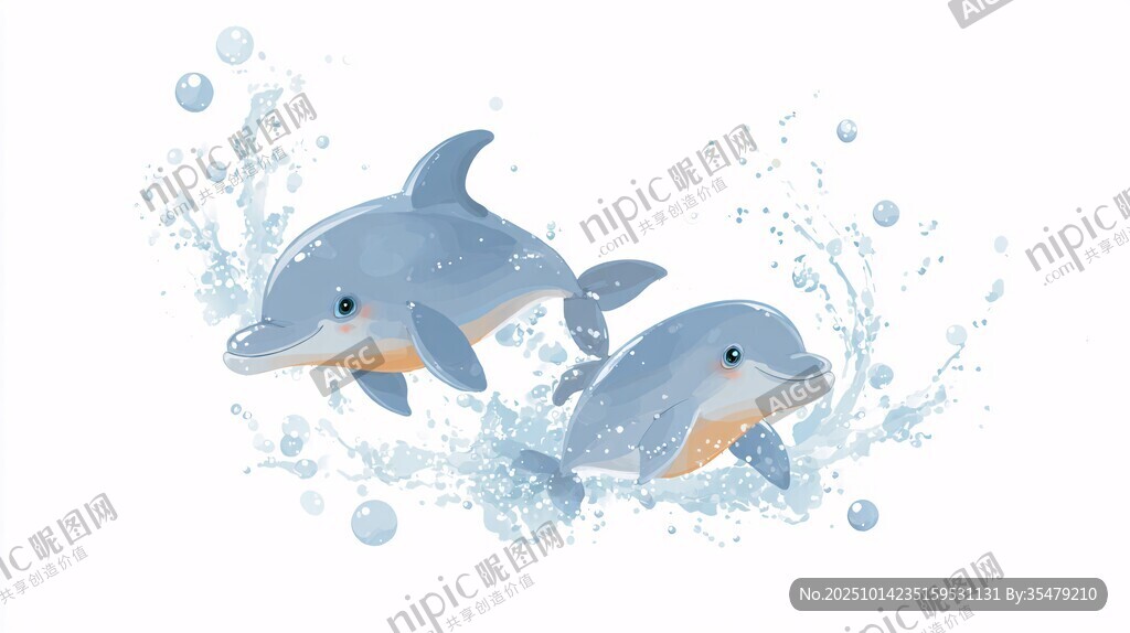 兩只海豚躍出水面插畫(huà)