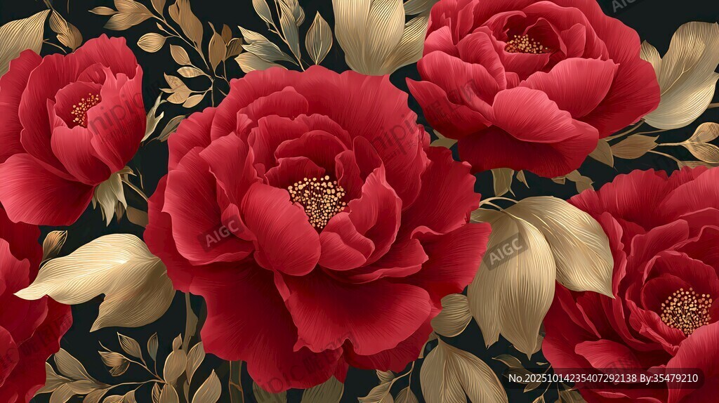 紅牡丹花卉復(fù)古風(fēng)圖案