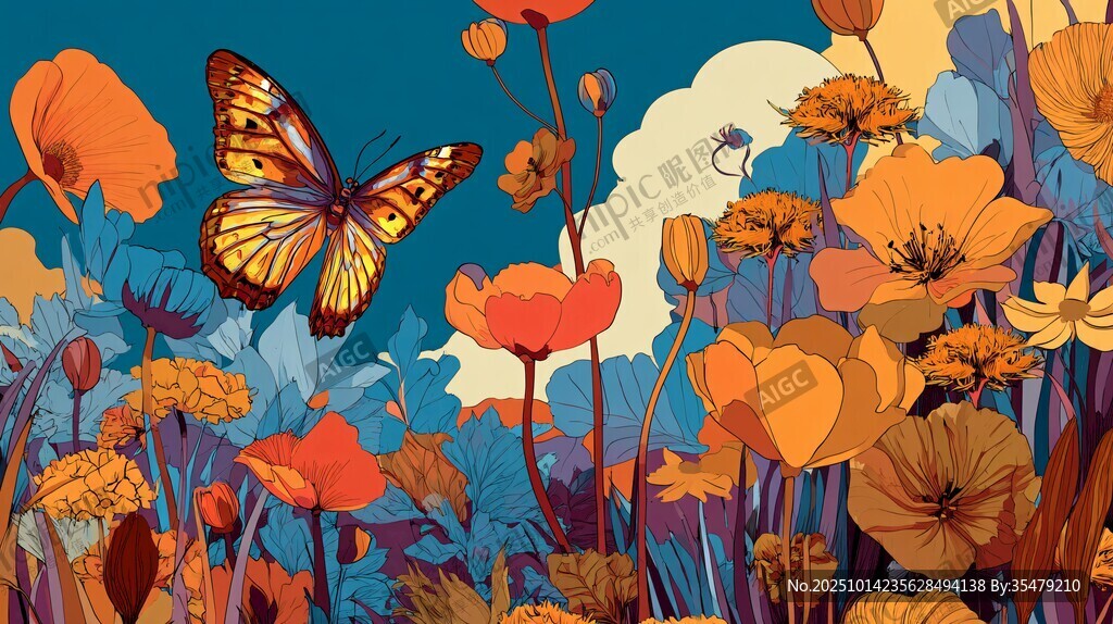 蝴蝶翩躚于絢爛花叢中