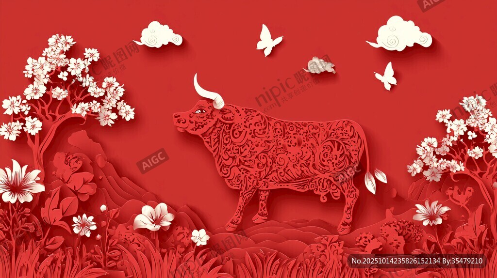 紅底剪紙風(fēng)牛年精美圖景