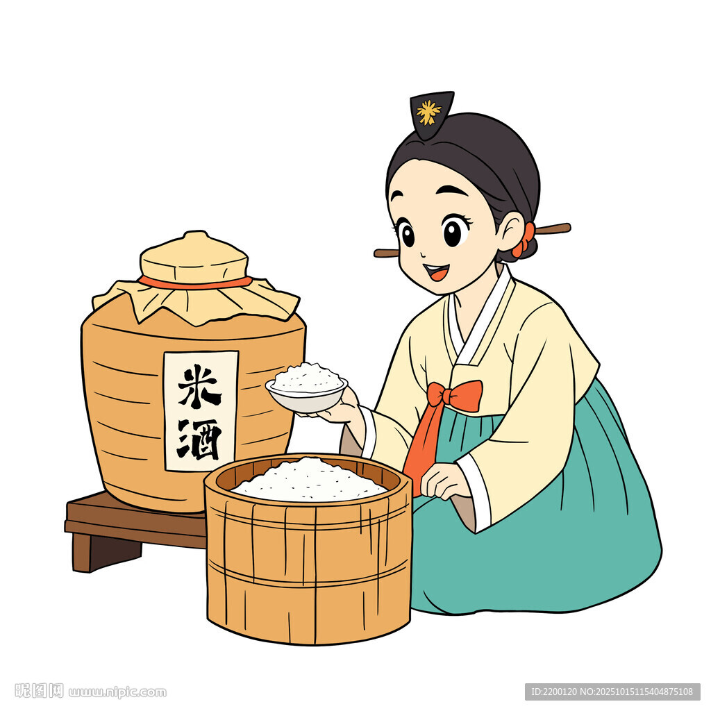 韓服女子制作傳統(tǒng)米酒食品