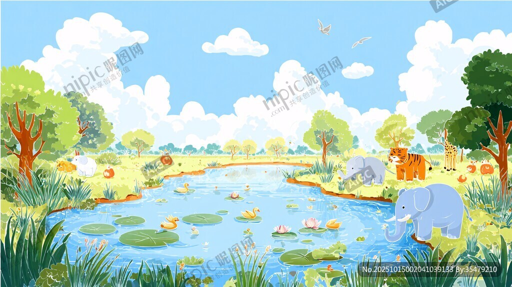 夏日河畔動物嬉戲風景圖