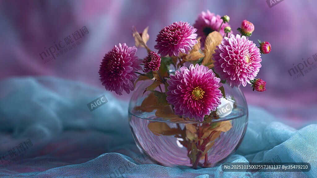玻璃花瓶中的繽紛紫菊
