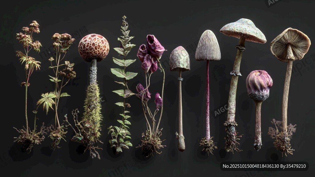 多樣野生蘑菇與植物展示